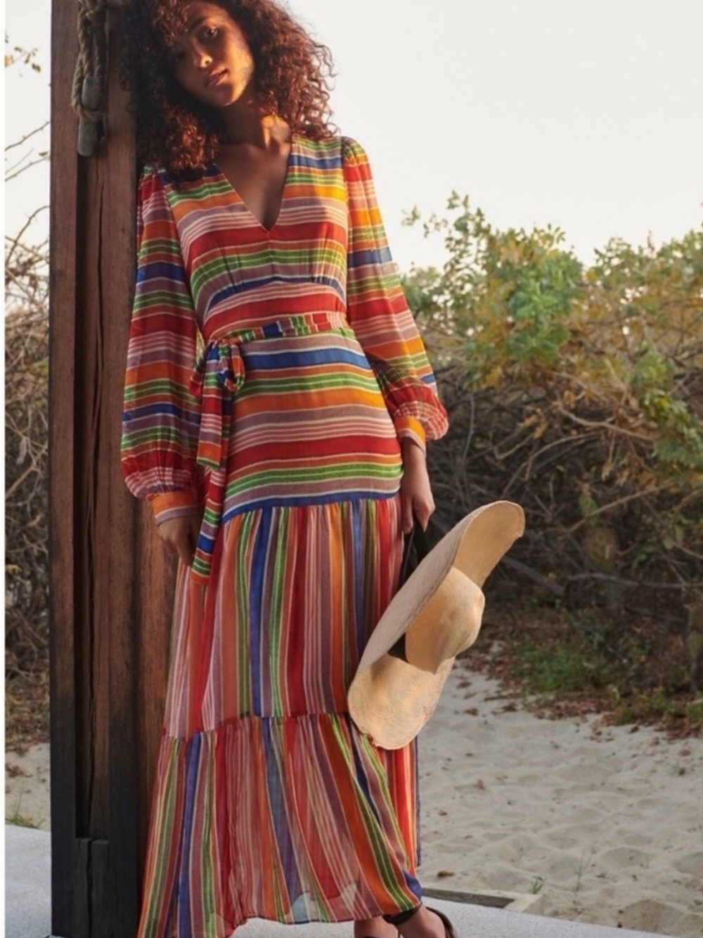 FARM Rio Luana Rainbow Multicolor Striped V-Neck Midi Dress - Red, Green, Blue